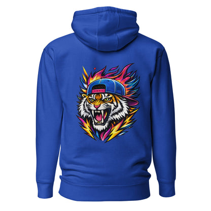Hoodie FIRE TIGER bleu roi visuel coloré dos et logo blanc face Mindset Ambition