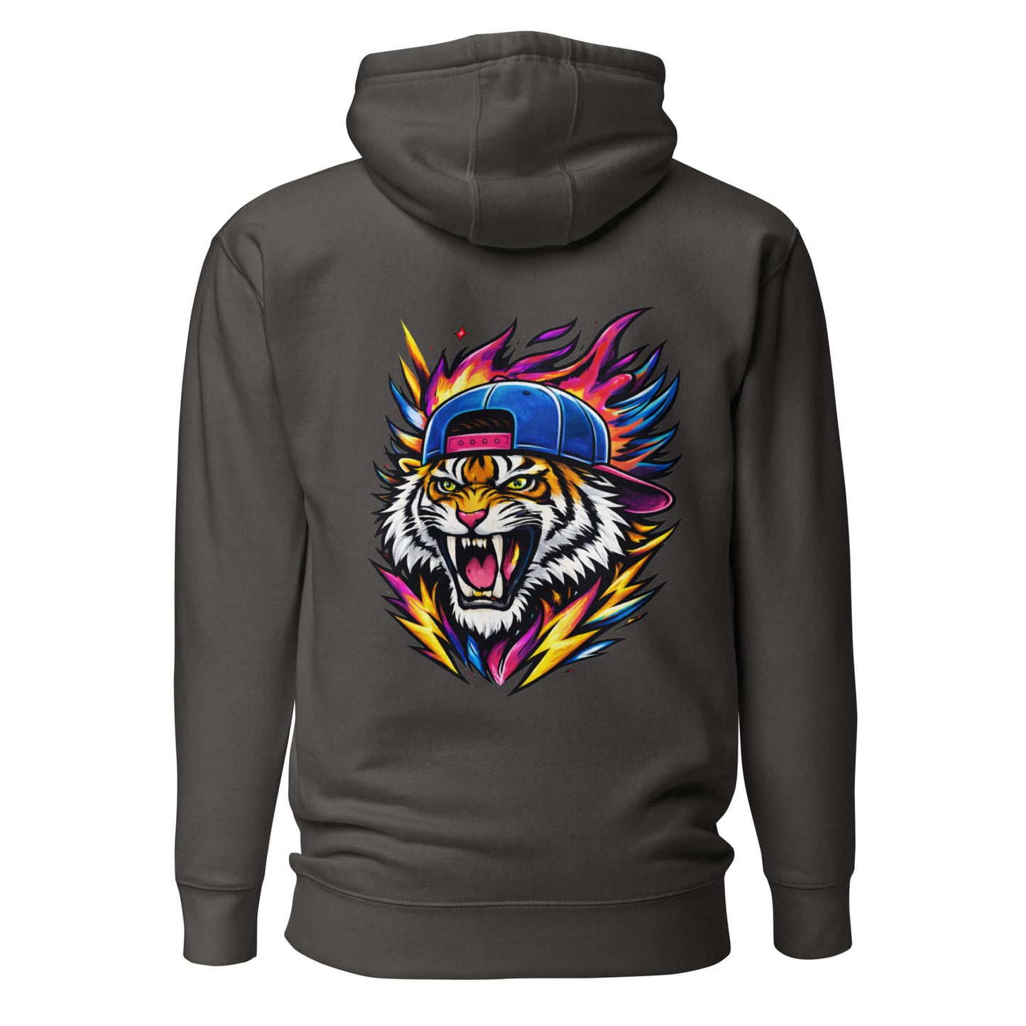 Hoodie FIRE TIGER gris anthracite visuel coloré dos et logo blanc face Mindset Ambition