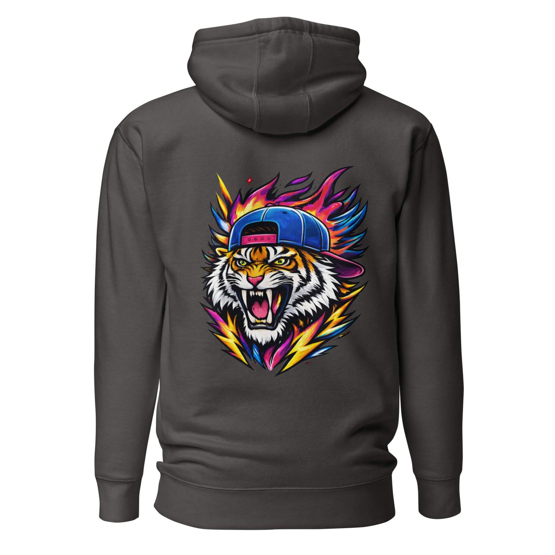 Hoodie FIRE TIGER gris anthracite visuel coloré dos et logo blanc face Mindset Ambition