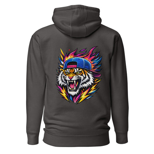 Hoodie FIRE TIGER gris anthracite visuel coloré dos et logo blanc face Mindset Ambition