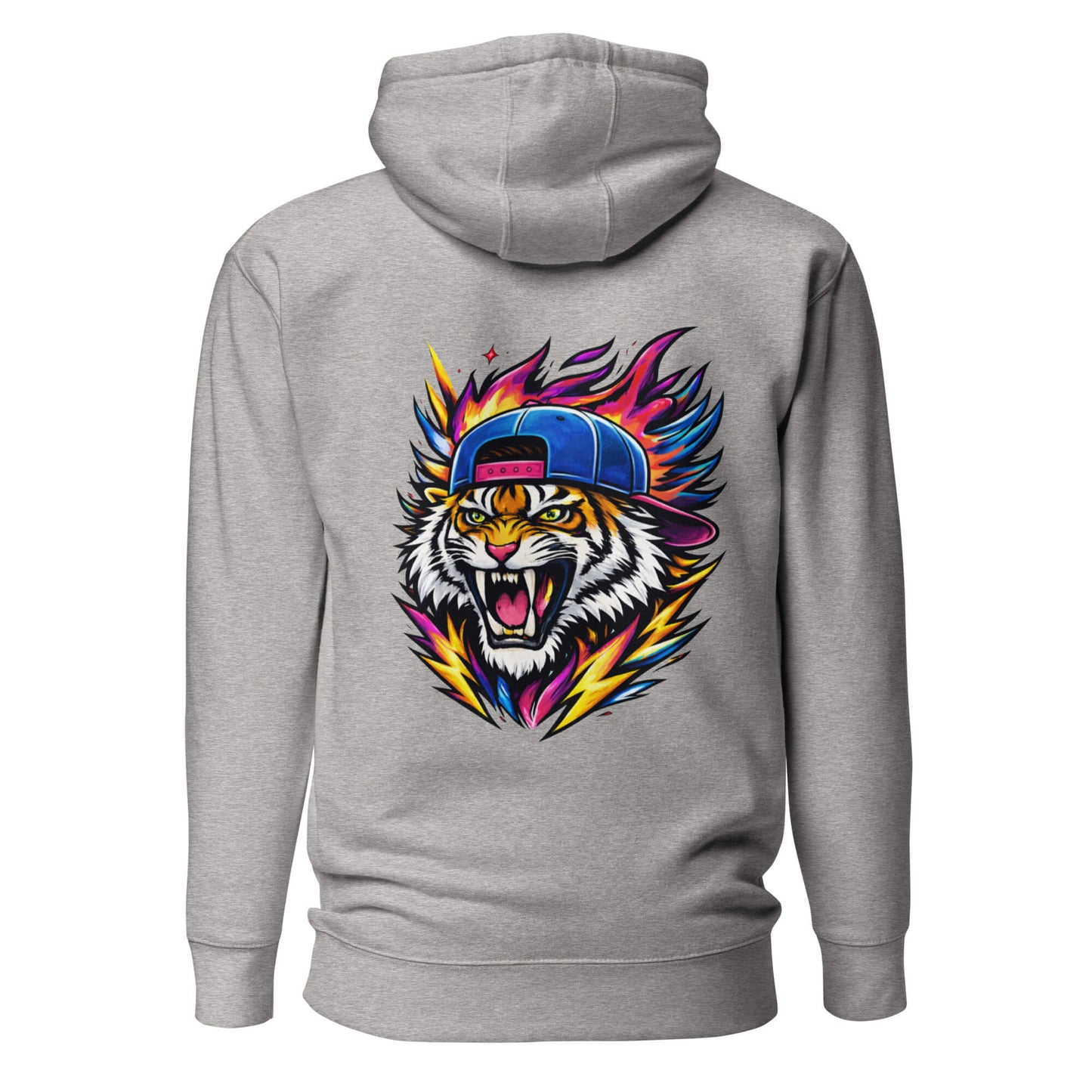 Hoodie FIRE TIGER gris chiné visuel coloré dos et logo noir face Mindset Ambition
