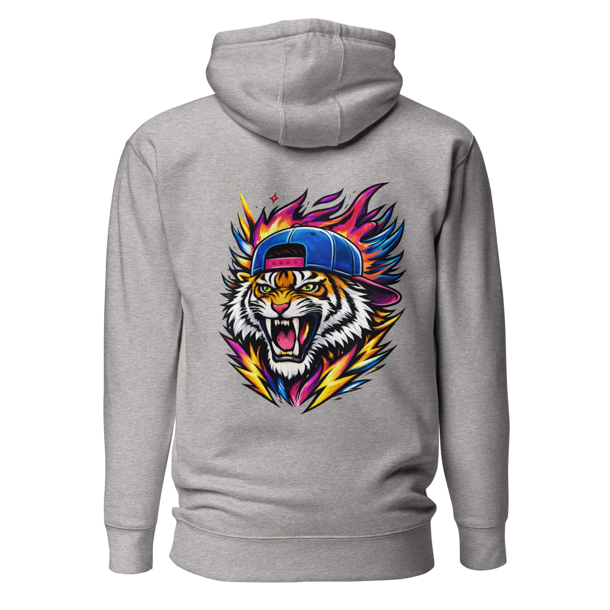 Hoodie FIRE TIGER gris chiné visuel coloré dos et logo noir face Mindset Ambition