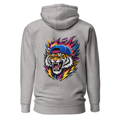 Hoodie FIRE TIGER gris chiné visuel coloré dos et logo noir face Mindset Ambition