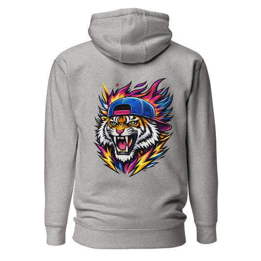 Hoodie FIRE TIGER gris chiné visuel coloré dos et logo noir face Mindset Ambition