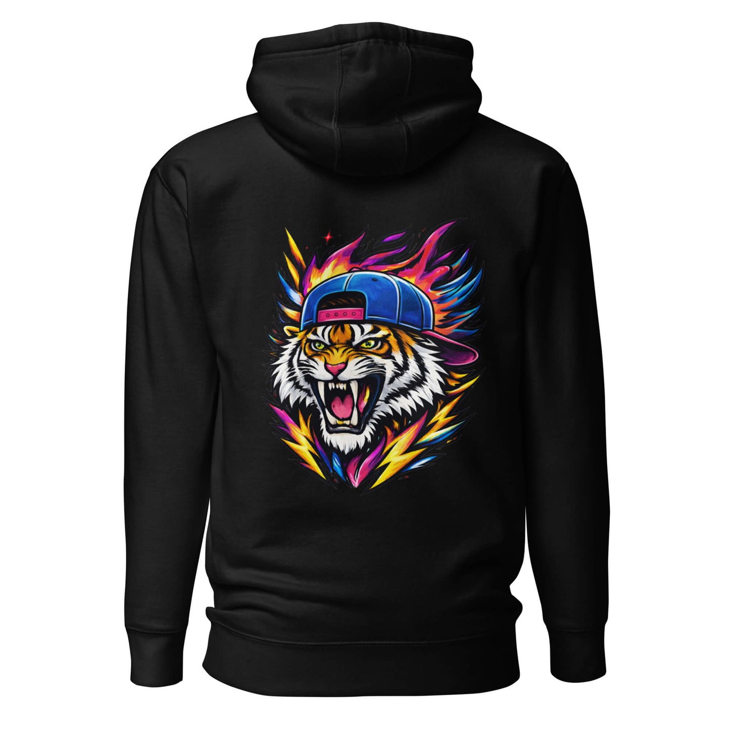Hoodie FIRE TIGER noir visuel coloré dos et logo blanc face Mindset Ambition