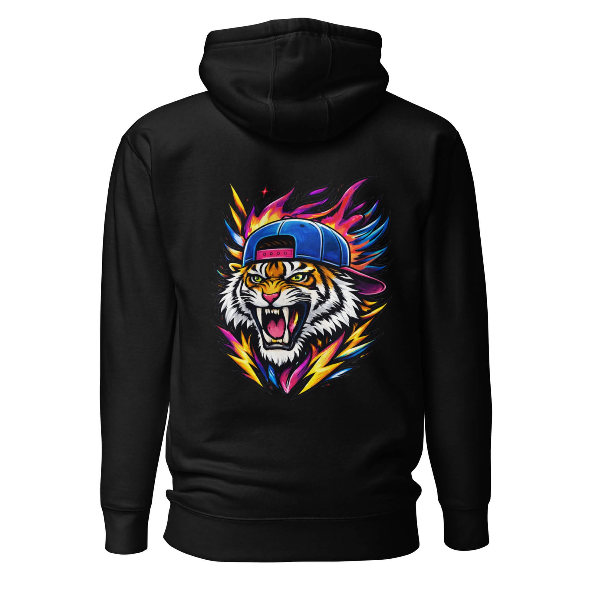 Hoodie FIRE TIGER noir visuel coloré dos et logo blanc face Mindset Ambition