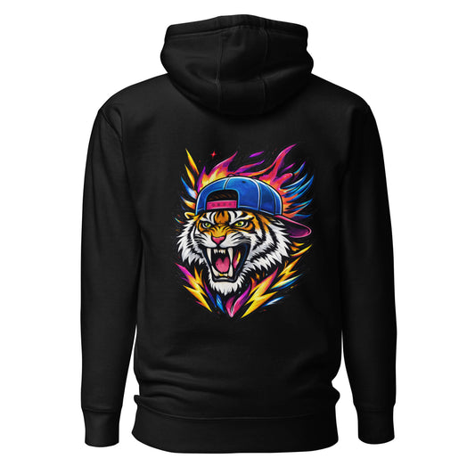 Hoodie FIRE TIGER noir visuel coloré dos et logo blanc face Mindset Ambition