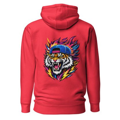 Hoodie FIRE TIGER rouge visuel coloré dos et logo noir face Mindset Ambition