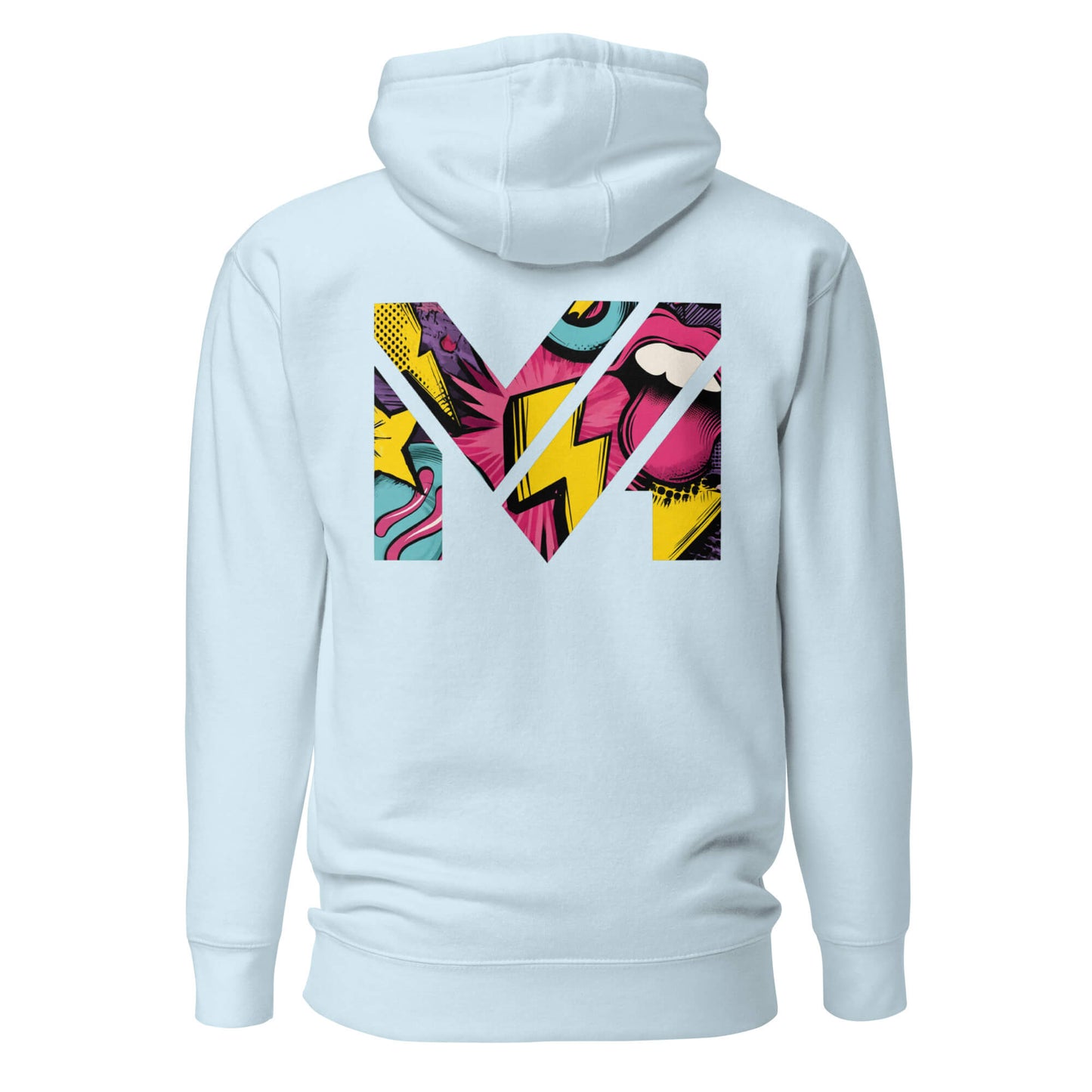 Hoodie FULL VOLTAGE bleu ciel visuel coloré dos et logo noir face Mindset Ambition