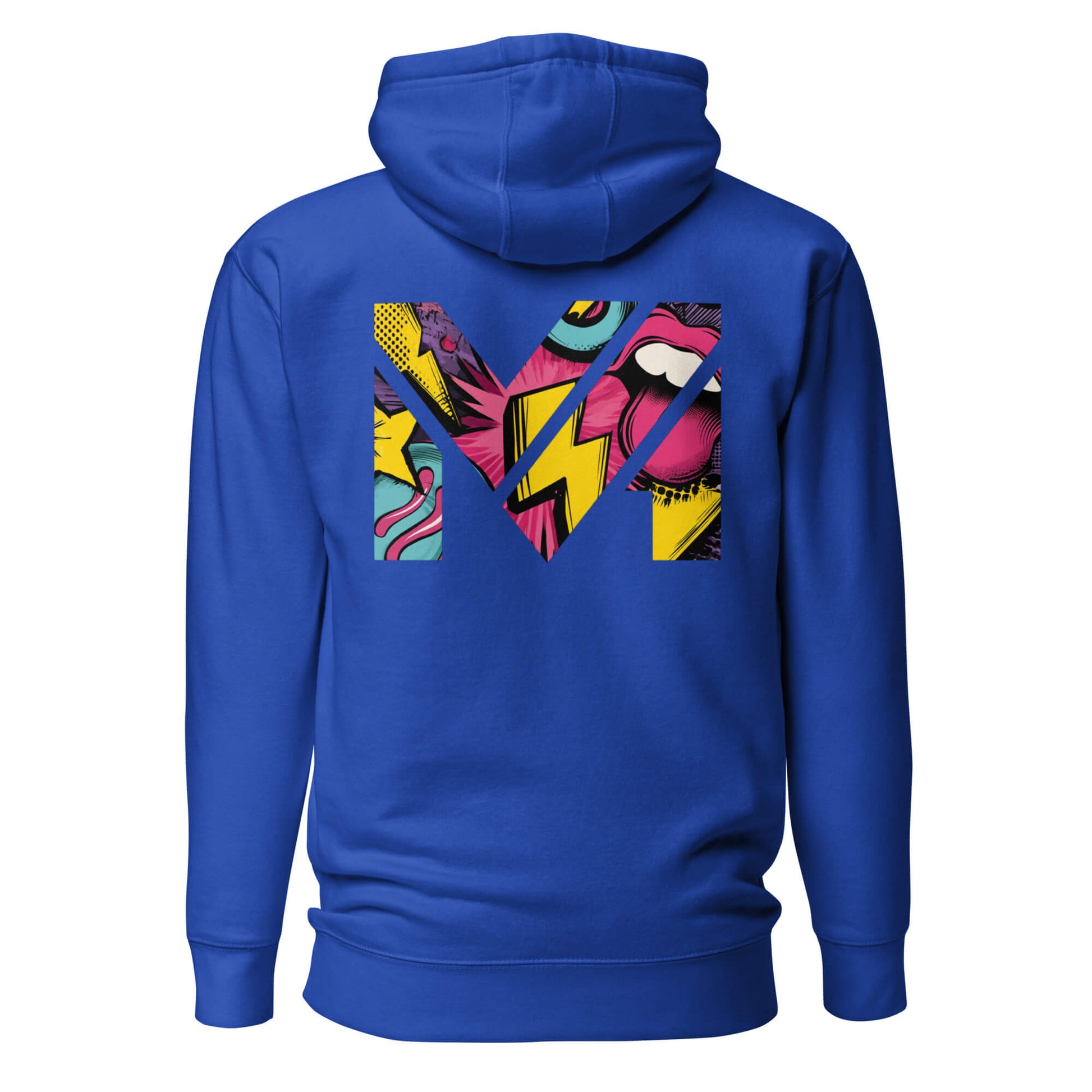 Hoodie FULL VOLTAGE bleu roi visuel coloré dos et logo blanc face Mindset Ambition