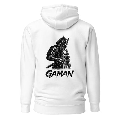 Hoodie Gaman blanc visuel noir dos et logo noir face Mindset Ambition