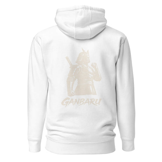 Hoodie Ganbaru blanc visuel doré dos et logo doré face Mindset Ambition