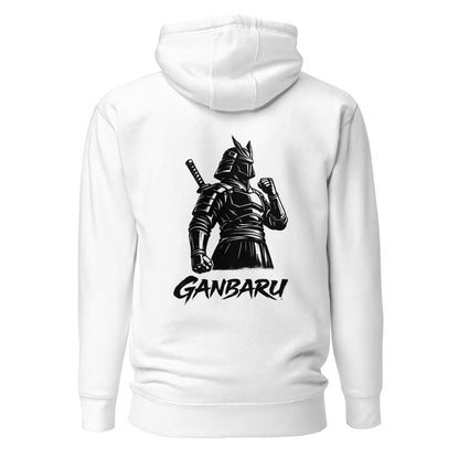 Hoodie Ganbaru blanc visuel noir dos et logo noir face Mindset Ambition