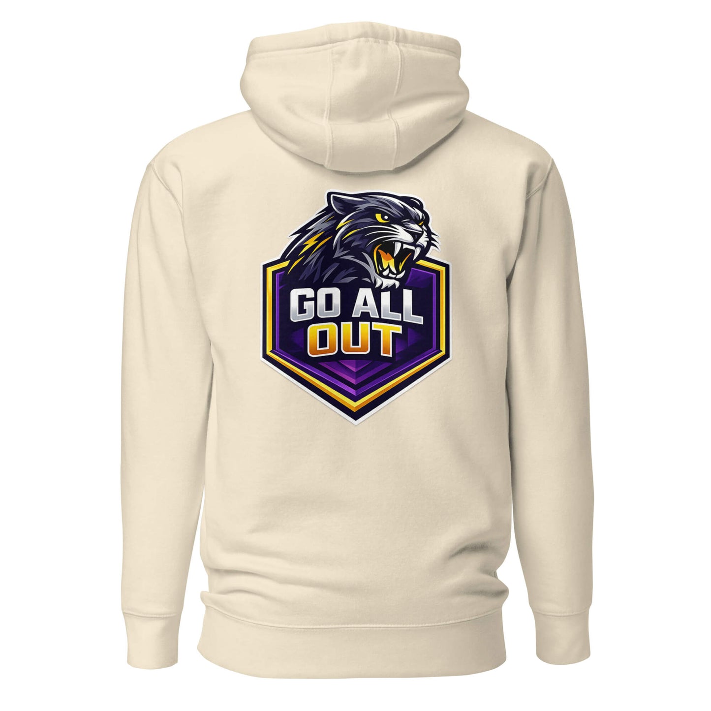 Hoodie GO ALL OUT beige visuel coloré dos et logo noir face Mindset Ambition