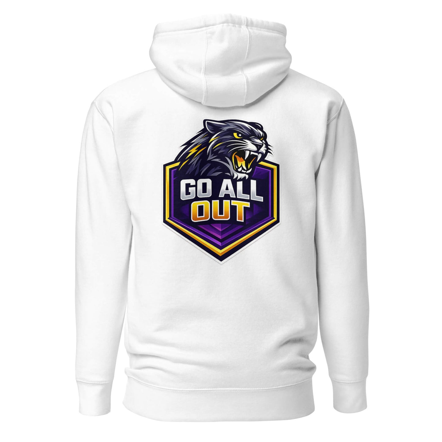 Hoodie GO ALL OUT blanc visuel coloré dos et logo noir face Mindset Ambition