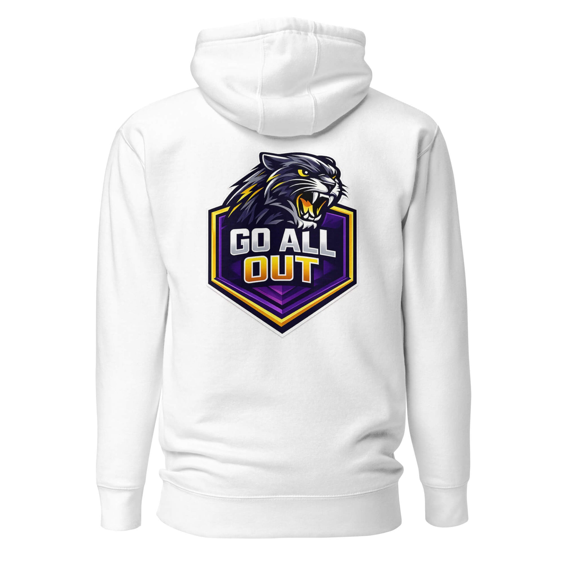Hoodie GO ALL OUT blanc visuel coloré dos et logo noir face Mindset Ambition