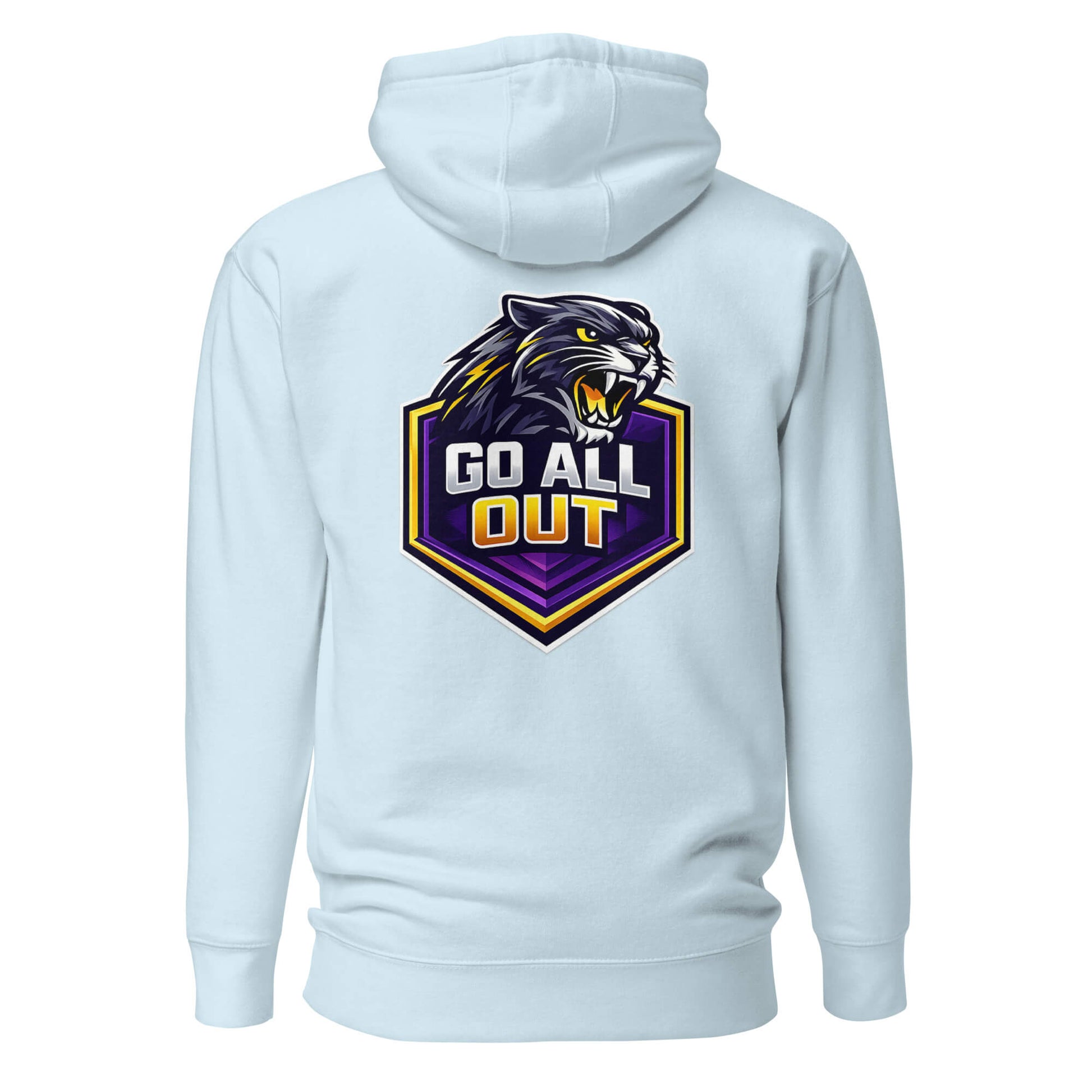 Hoodie GO ALL OUT bleu ciel visuel coloré dos et logo noir face Mindset Ambition