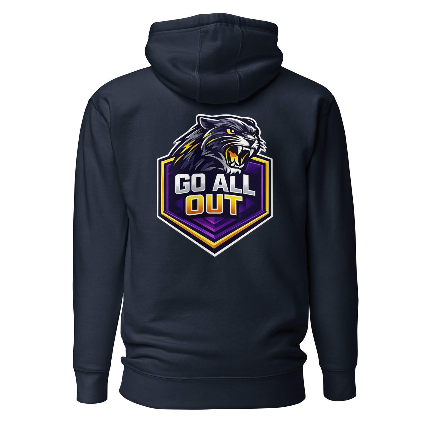 Hoodie GO ALL OUT bleu marine visuel coloré dos et logo blanc face Mindset Ambition