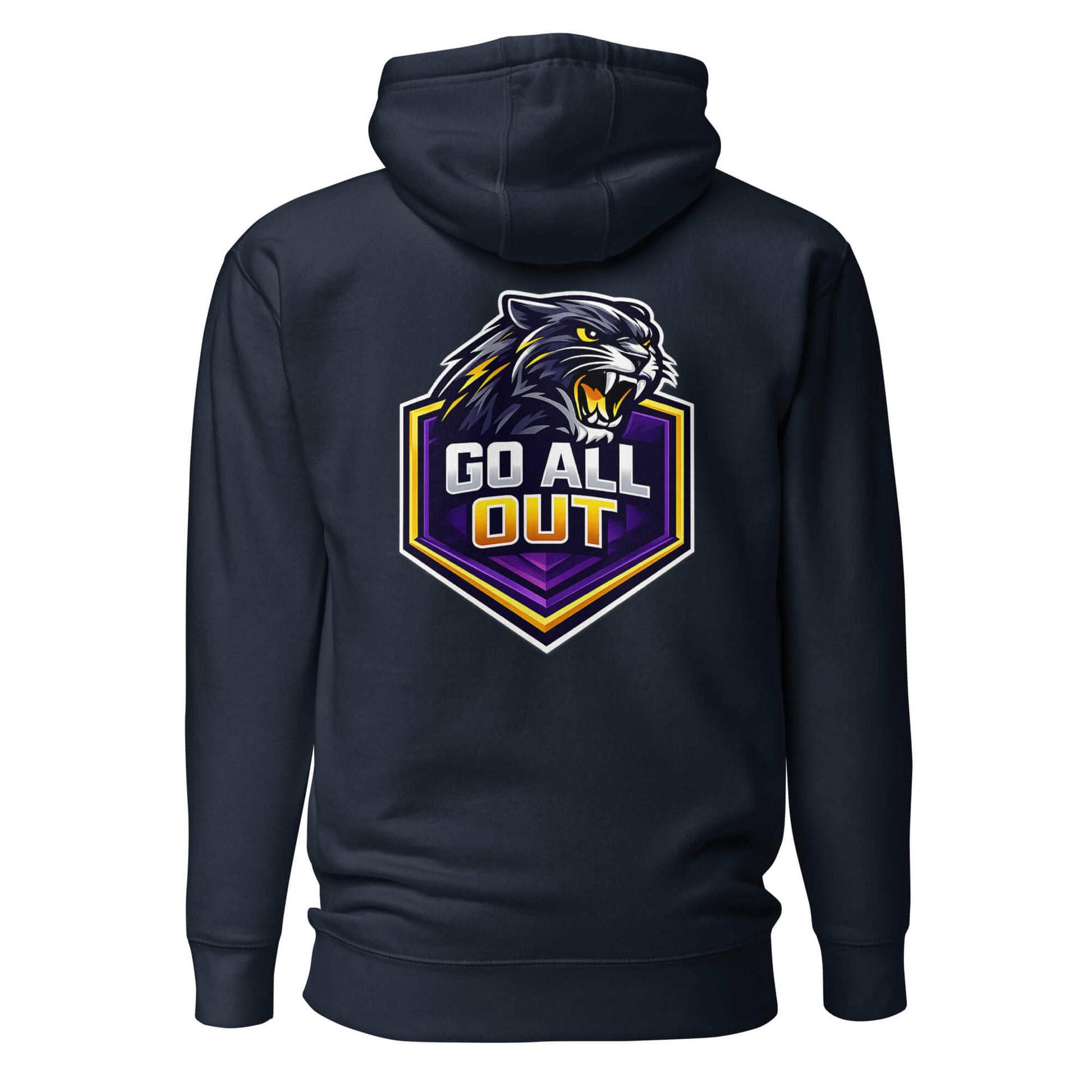Hoodie GO ALL OUT bleu marine visuel coloré dos et logo blanc face Mindset Ambition