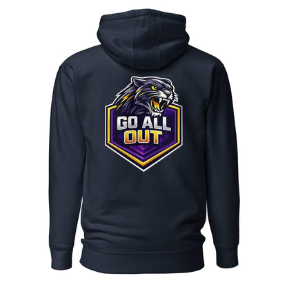 Hoodie GO ALL OUT bleu marine visuel coloré dos et logo blanc face Mindset Ambition