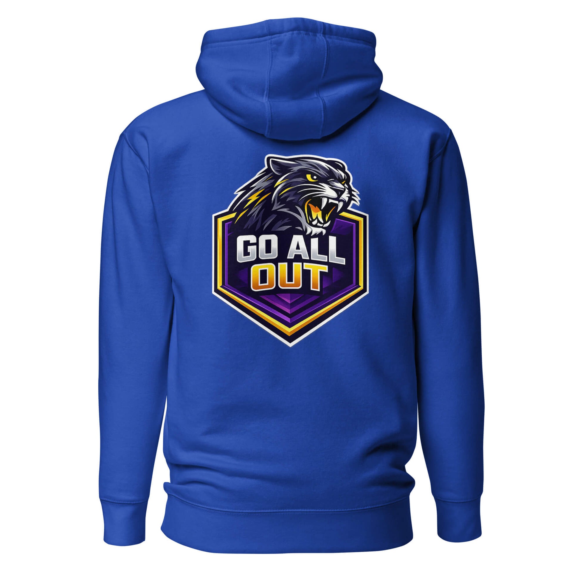 Hoodie GO ALL OUT bleu roi visuel coloré dos et logo blanc face Mindset Ambition