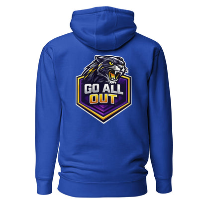 Hoodie GO ALL OUT bleu roi visuel coloré dos et logo blanc face Mindset Ambition
