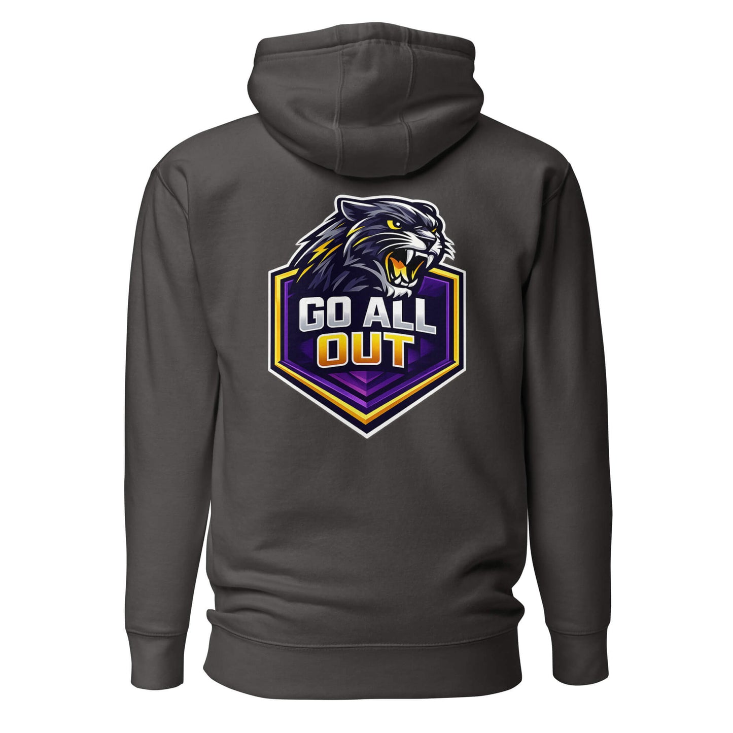 Hoodie GO ALL OUT gris anthracite visuel coloré dos et logo blanc face Mindset Ambition