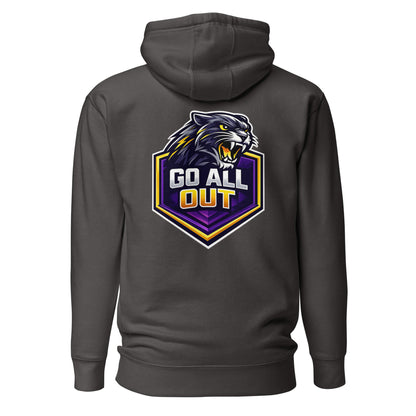 Hoodie GO ALL OUT gris anthracite visuel coloré dos et logo blanc face Mindset Ambition