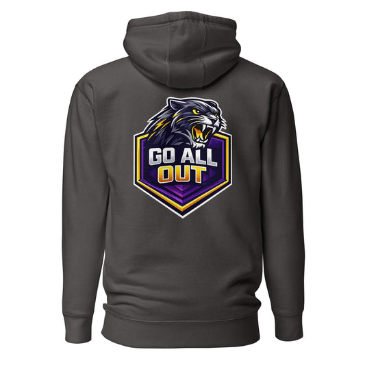 Hoodie GO ALL OUT gris anthracite visuel coloré dos et logo blanc face Mindset Ambition