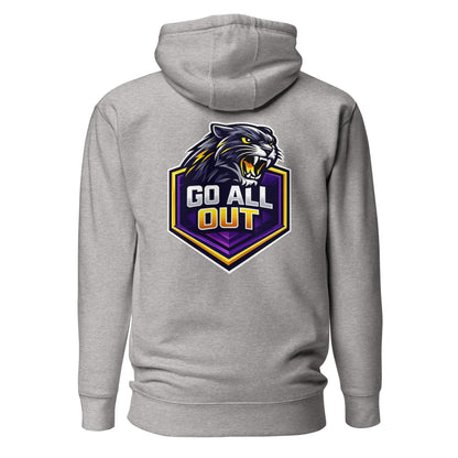 Hoodie GO ALL OUT gris chiné visuel coloré dos et logo noir face Mindset Ambition