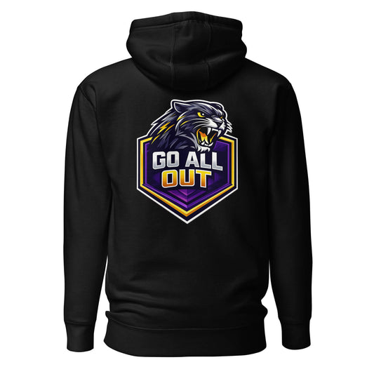 Hoodie GO ALL OUT noir visuel coloré dos et logo blanc face Mindset Ambition