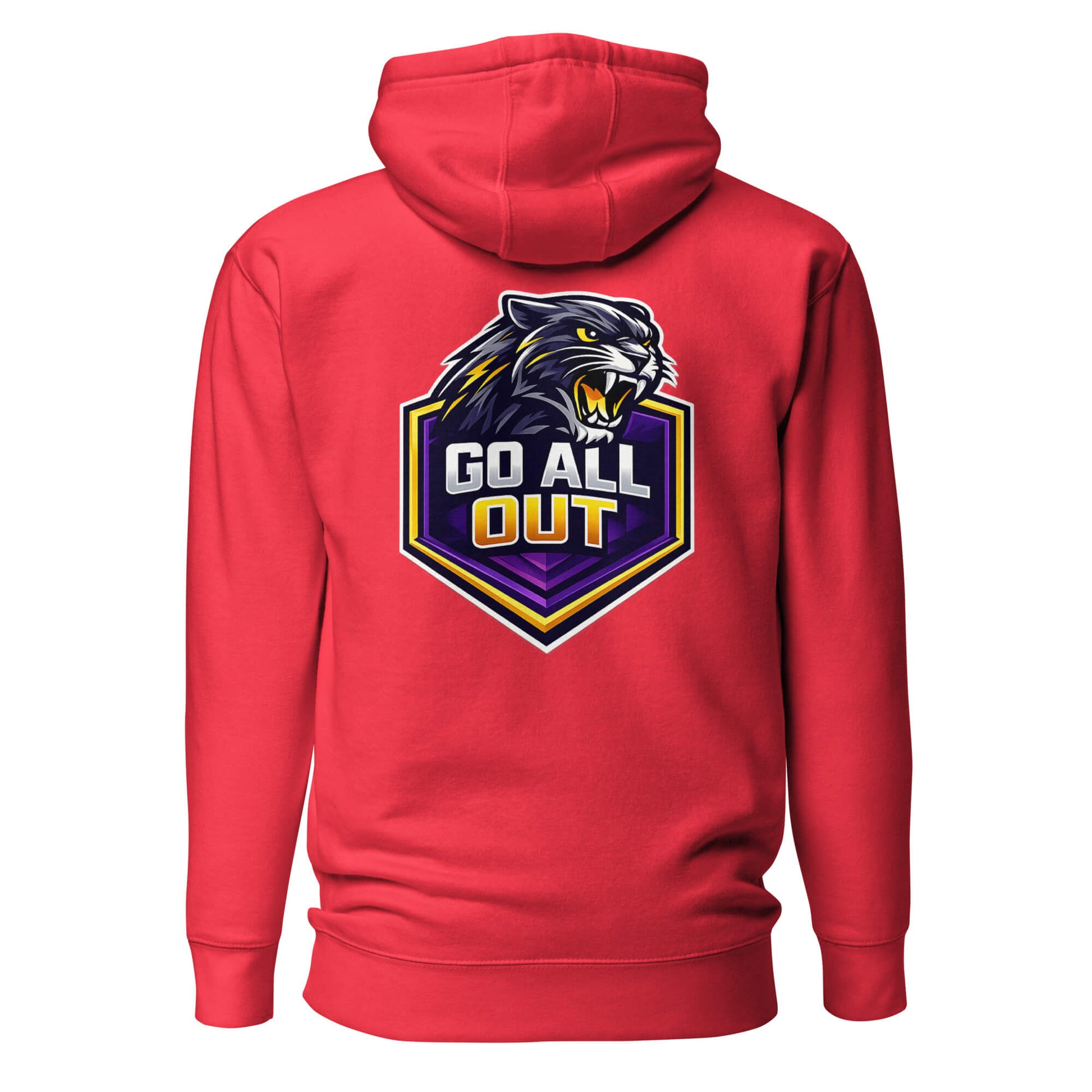 Hoodie GO ALL OUT rouge visuel coloré dos et logo noir face Mindset Ambition
