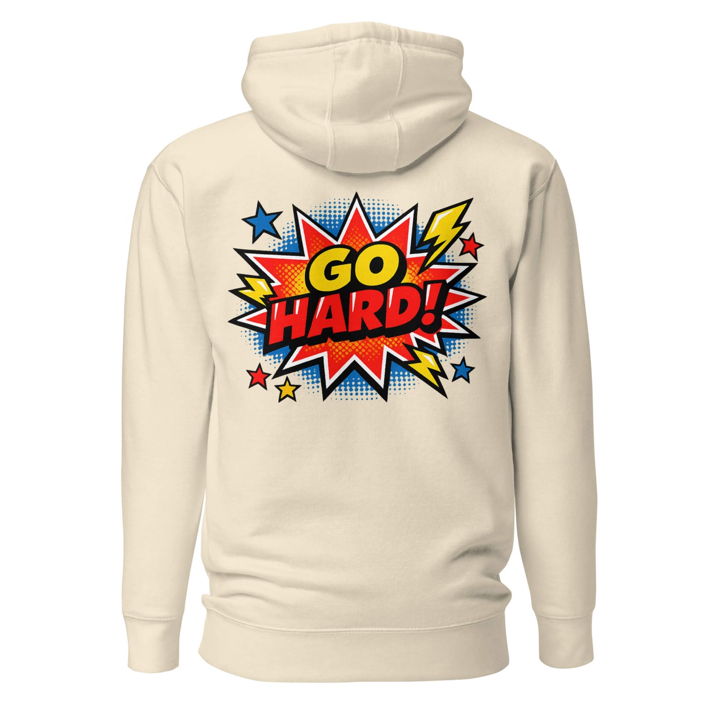 Hoodie GO HARD beige visuel coloré dos et logo noir face Mindset Ambition