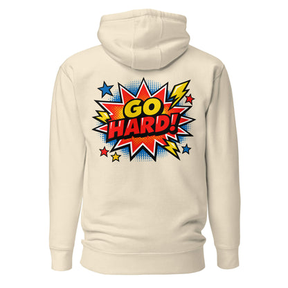 Hoodie GO HARD beige visuel coloré dos et logo noir face Mindset Ambition