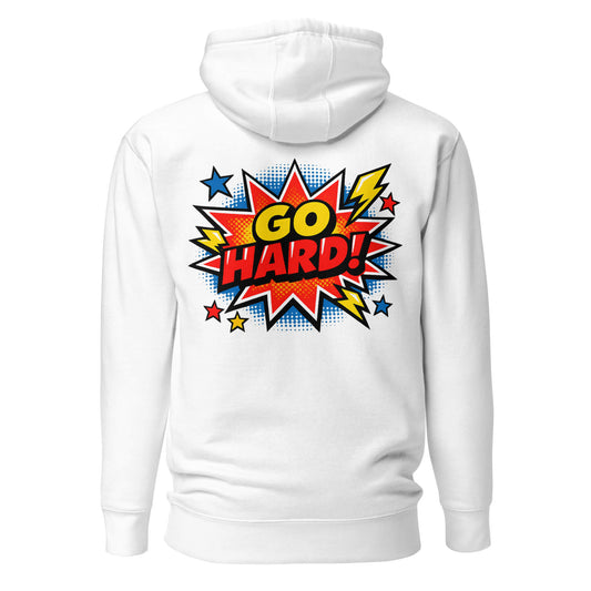 Hoodie GO HARD blanc visuel coloré dos et logo noir face Mindset Ambition