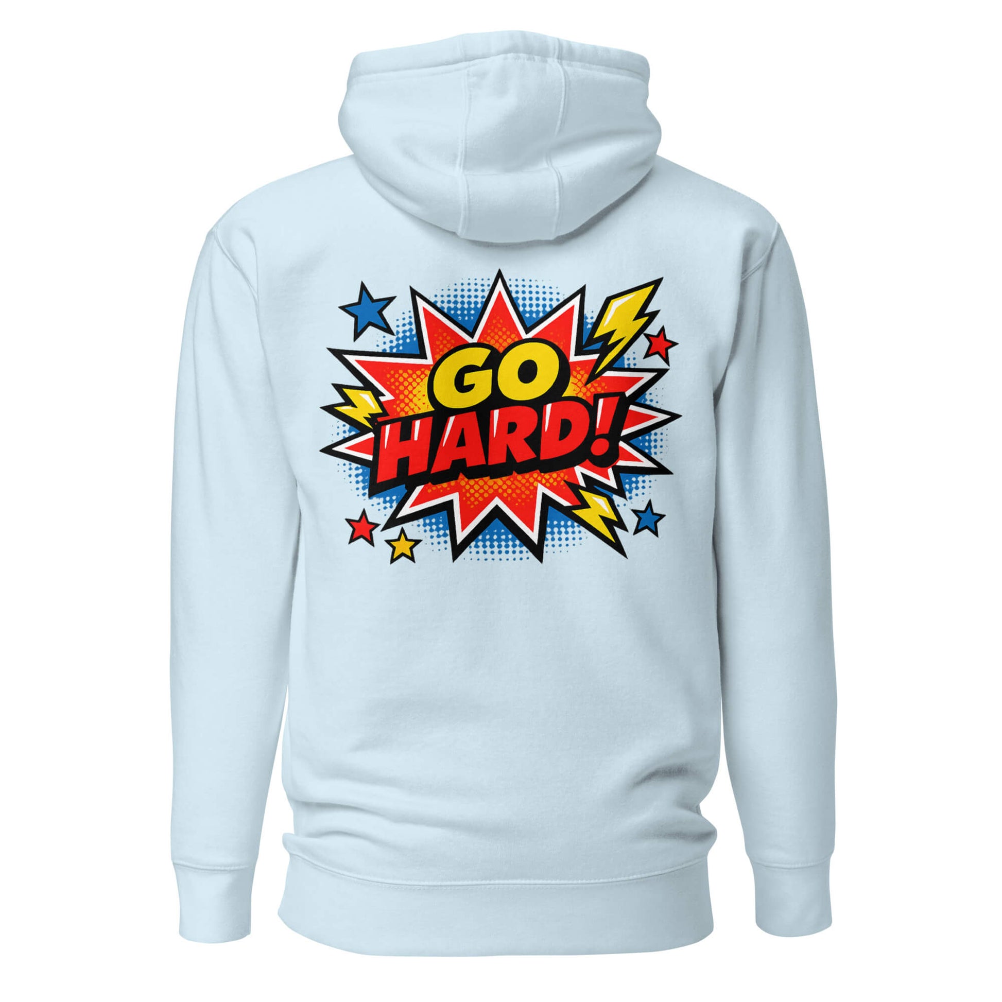 Hoodie GO HARD bleu ciel visuel coloré dos et logo noir face Mindset Ambition