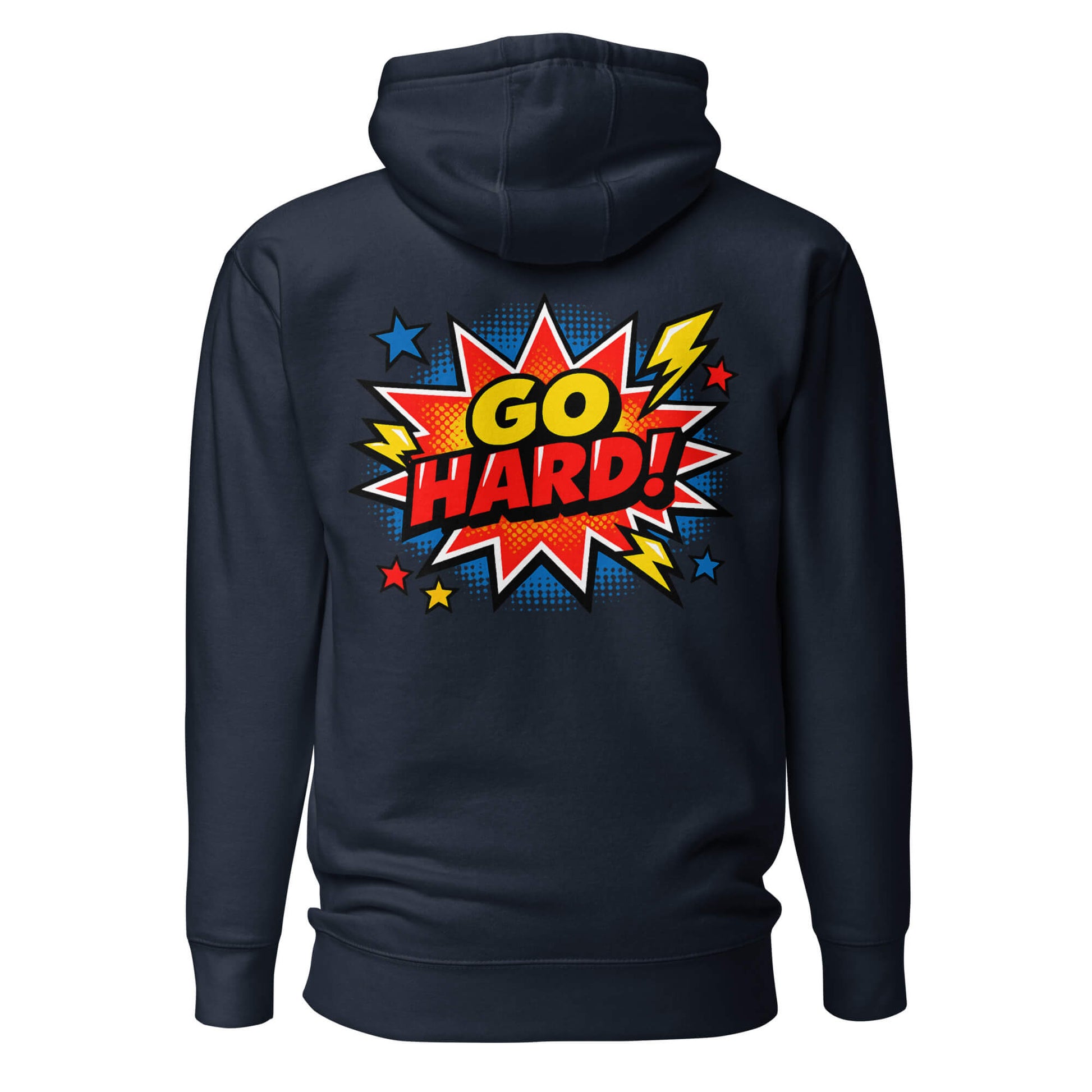 Hoodie GO HARD bleu marine visuel coloré dos et logo blanc face Mindset Ambition