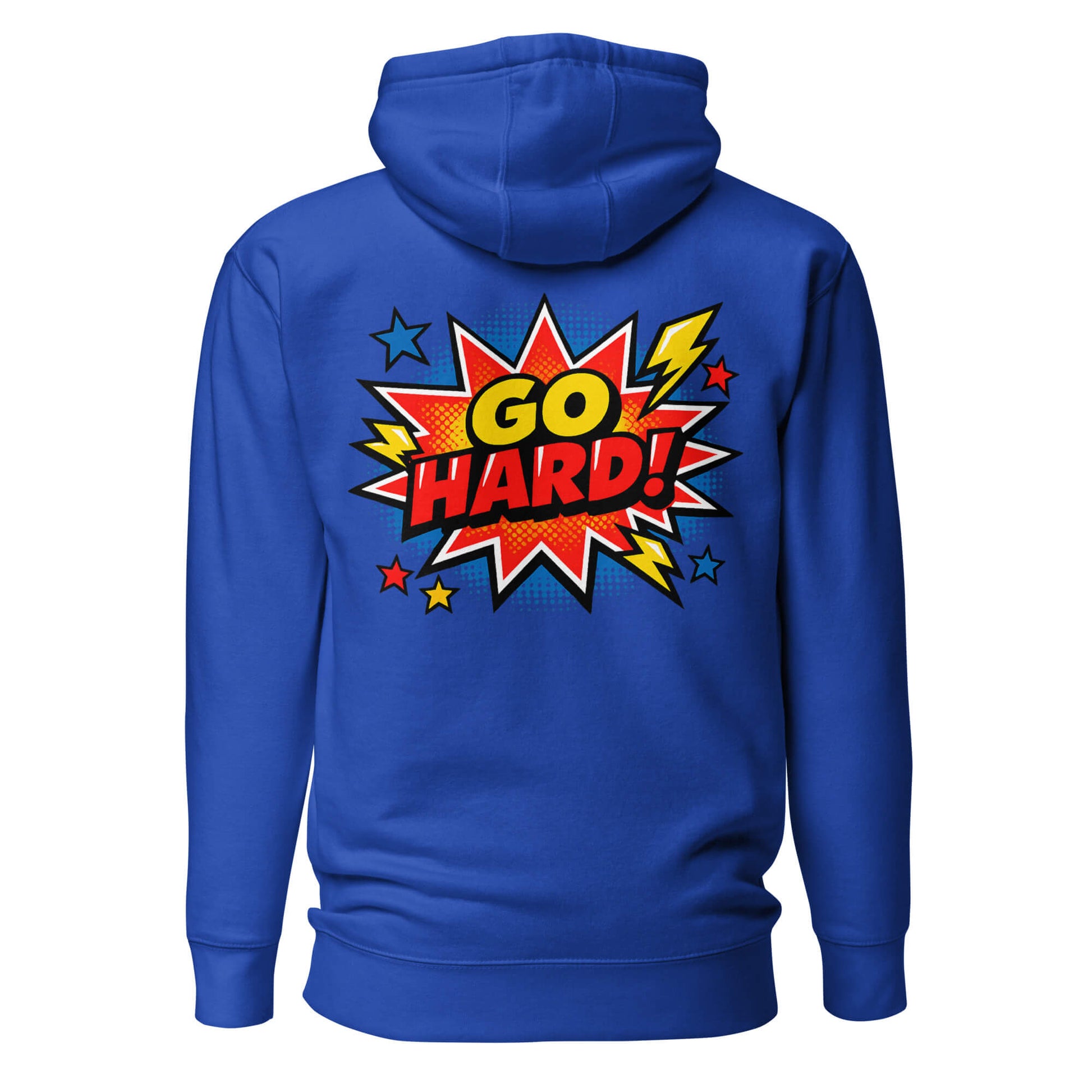 Hoodie GO HARD bleu roi visuel coloré dos et logo blanc face Mindset Ambition