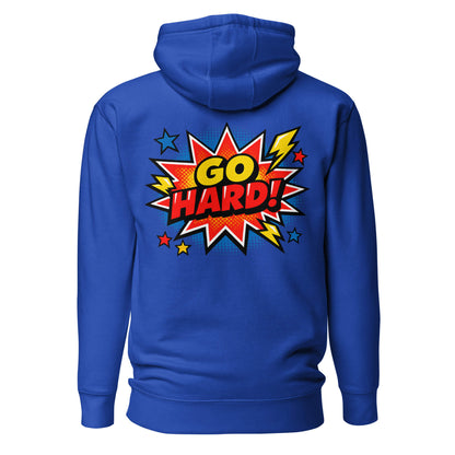 Hoodie GO HARD bleu roi visuel coloré dos et logo blanc face Mindset Ambition