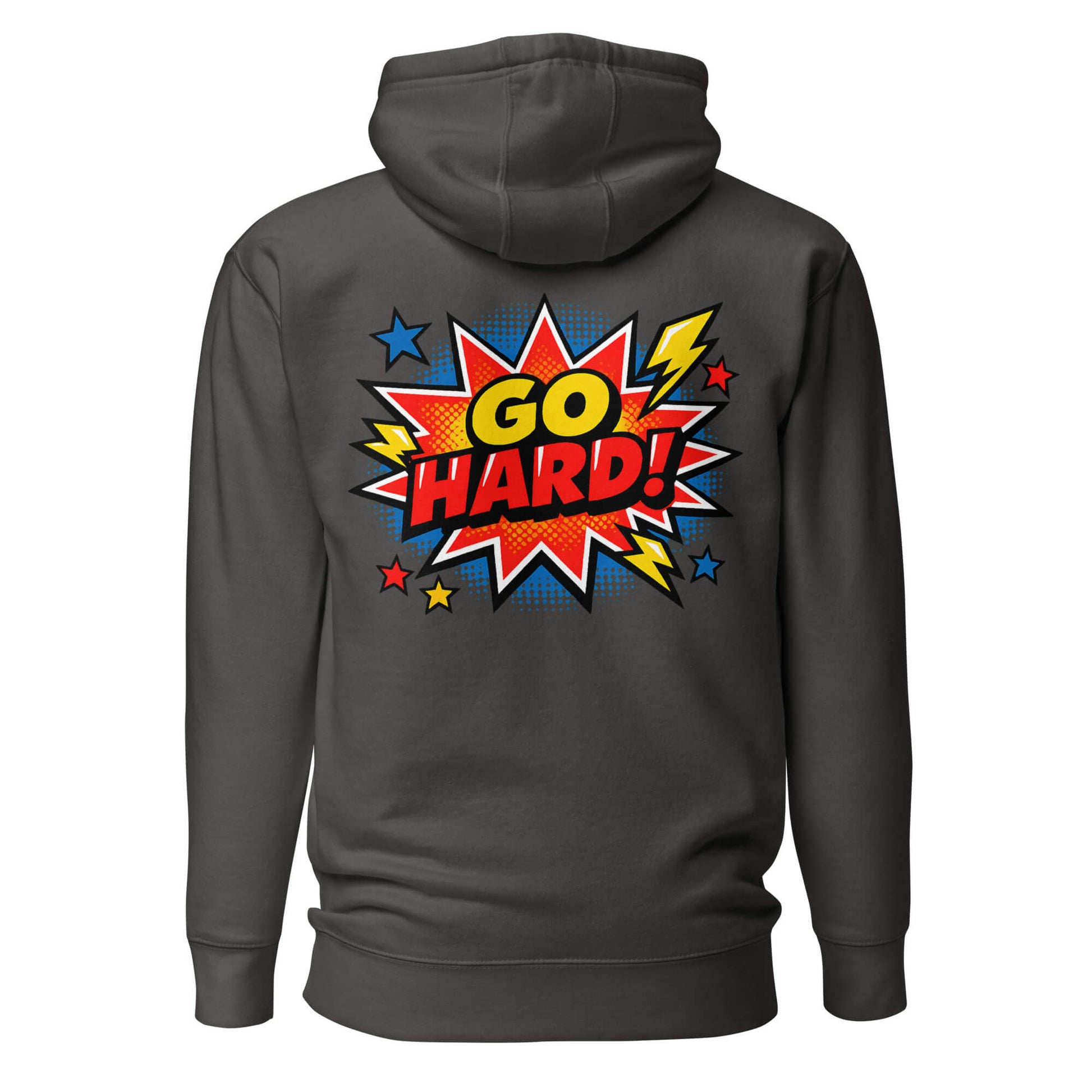 Hoodie GO HARD gris anthracite visuel coloré dos et logo blanc face Mindset Ambition