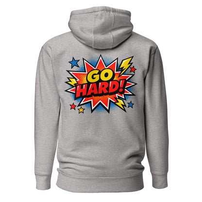 Hoodie GO HARD gris chiné visuel coloré dos et logo noir face Mindset Ambition