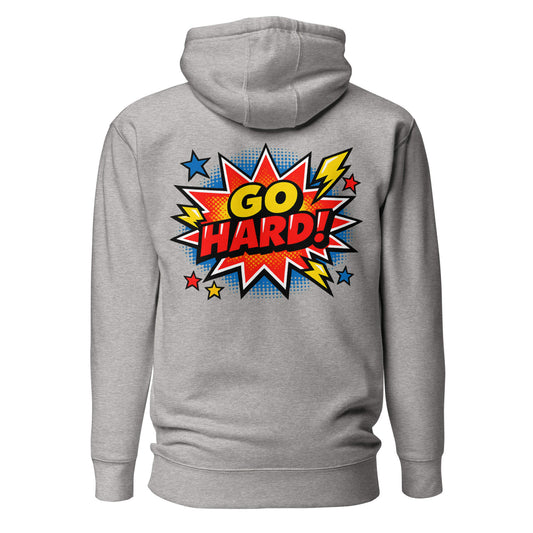 Hoodie GO HARD gris chiné visuel coloré dos et logo noir face Mindset Ambition