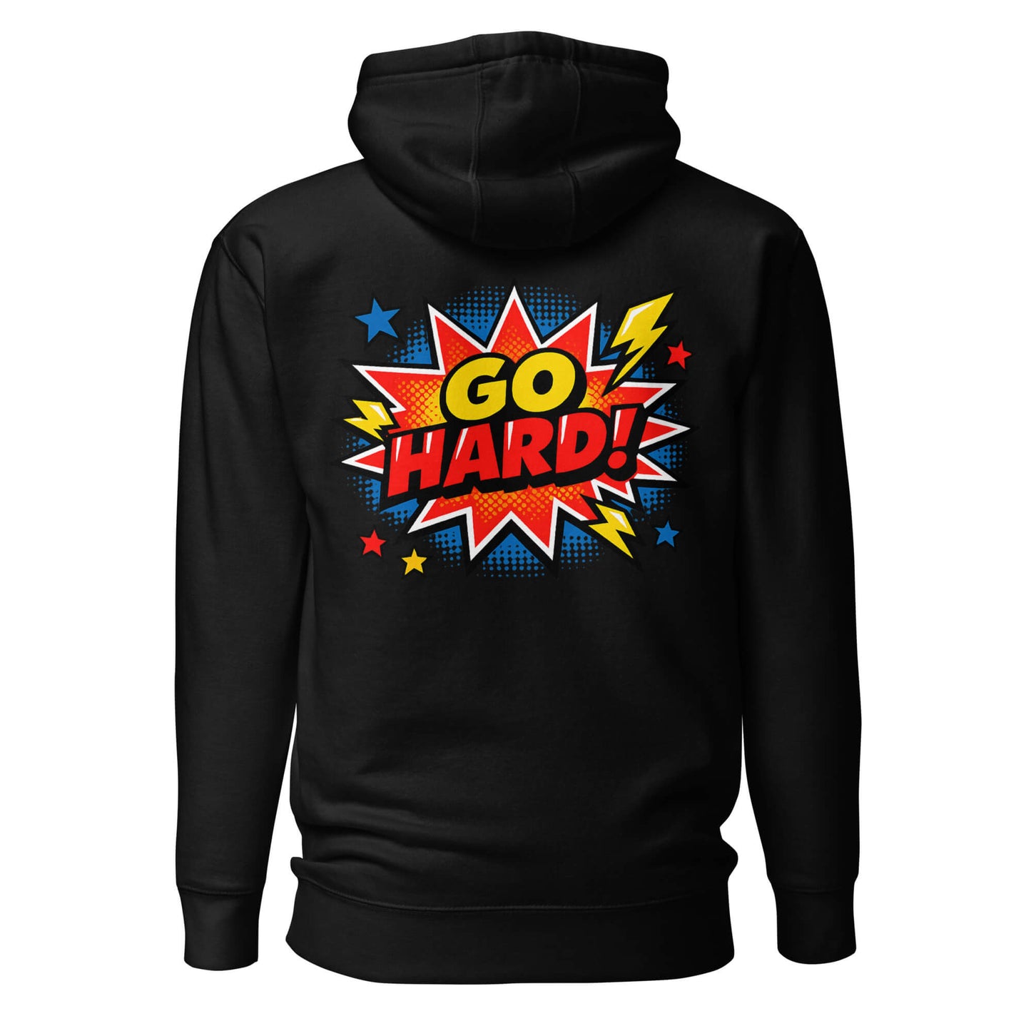 Hoodie GO HARD noir visuel coloré dos et logo blanc face Mindset Ambition