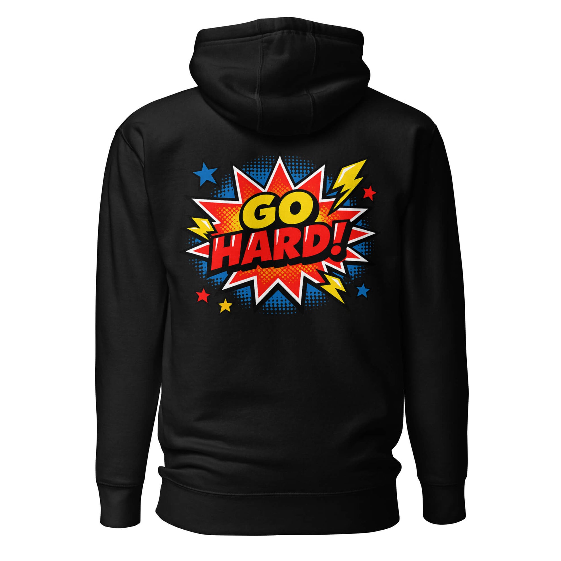 Hoodie GO HARD noir visuel coloré dos et logo blanc face Mindset Ambition
