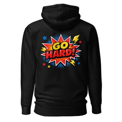 Hoodie GO HARD noir visuel coloré dos et logo blanc face Mindset Ambition