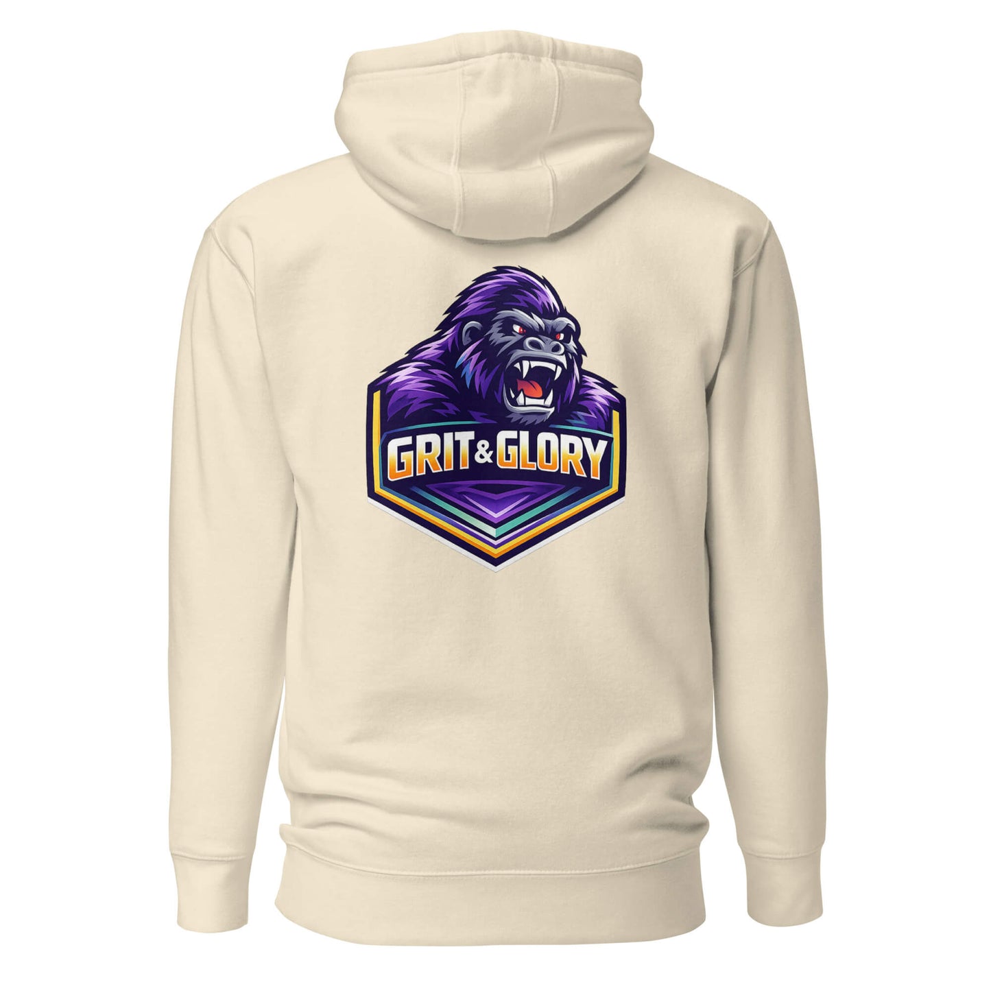 Hoodie GRIT & GLORY beige visuel coloré dos et logo noir face Mindset Ambition