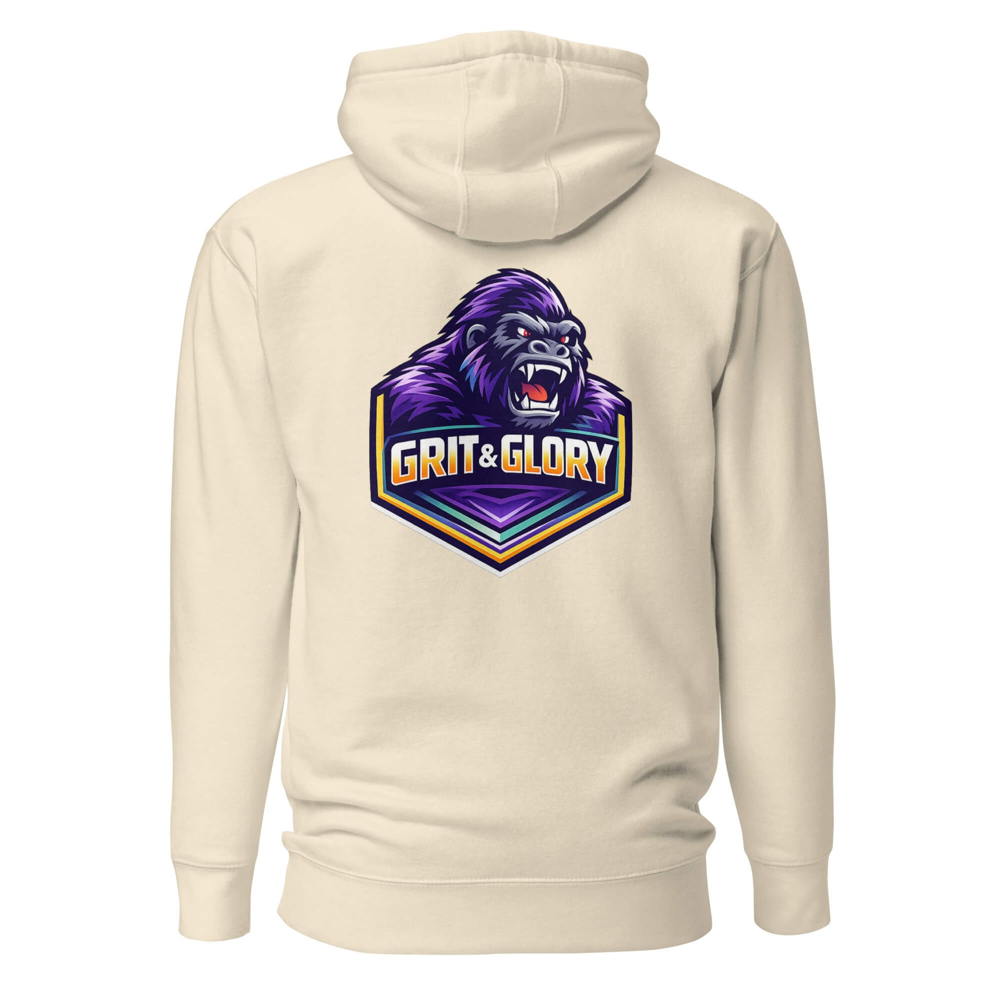 Hoodie GRIT & GLORY beige visuel coloré dos et logo noir face Mindset Ambition
