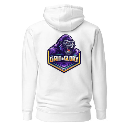 Hoodie GRIT & GLORY blanc visuel coloré dos et logo noir face Mindset Ambition