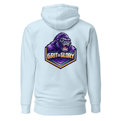Hoodie GRIT & GLORY bleu ciel visuel coloré dos et logo noir face Mindset Ambition