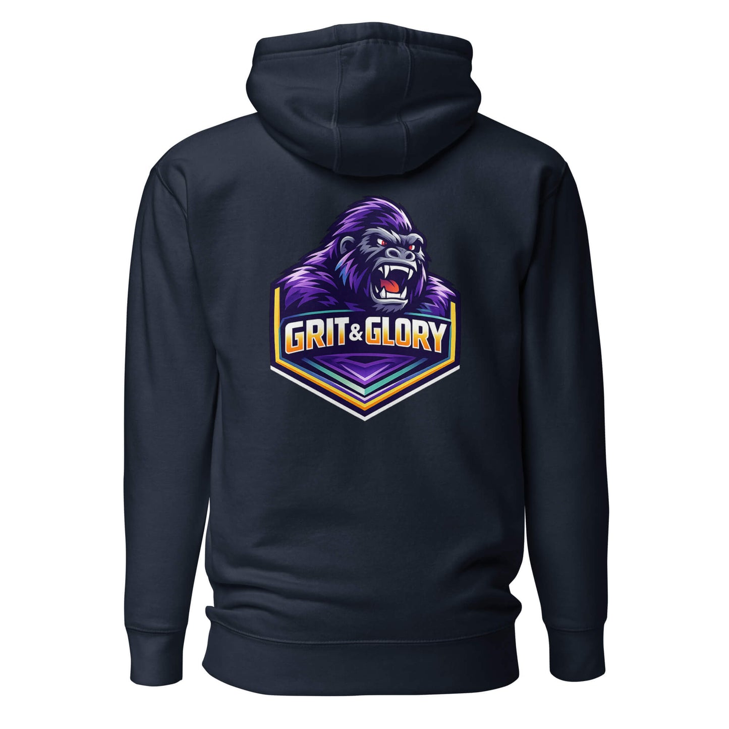 Hoodie GRIT & GLORY bleu marine visuel coloré dos et logo blanc face Mindset Ambition